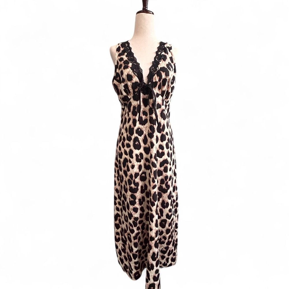Y2K Leopard Print Lace Trim Babydoll Slip Midi Dress Womens Size M Tan Black